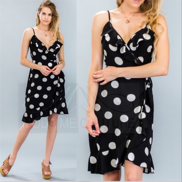 DRESS BLACK POLKA DOT WRAP DRESS - Picture 2 of 8